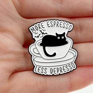 More Espresso Less Depresso Cat Enamel Pin Funny Coffee Goth Lapel